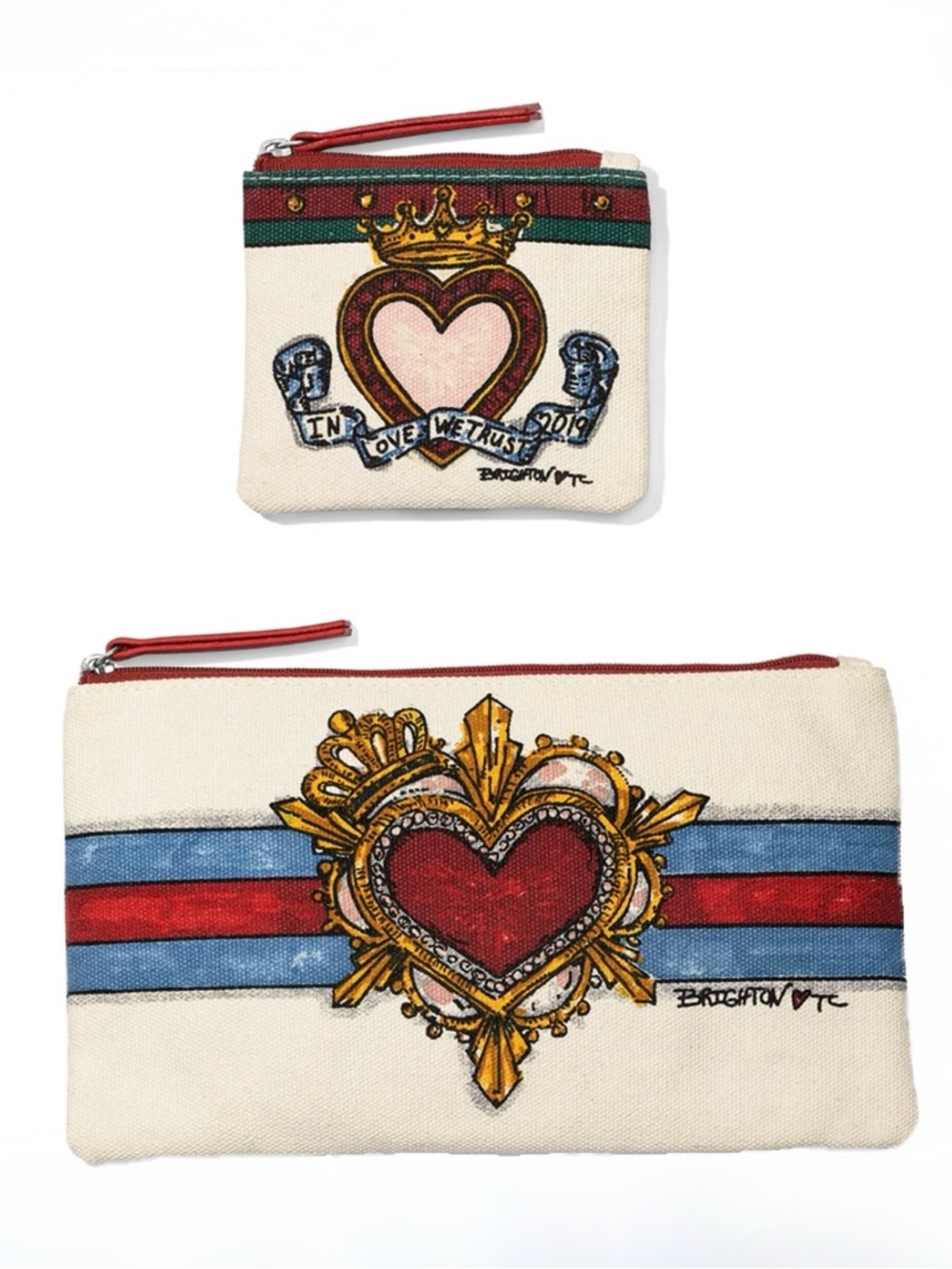 BRIGHTON, IN LOVE WE TRUST, Heart Stripe Zipper Pouch Set of 2 by Tom Clancy NWT